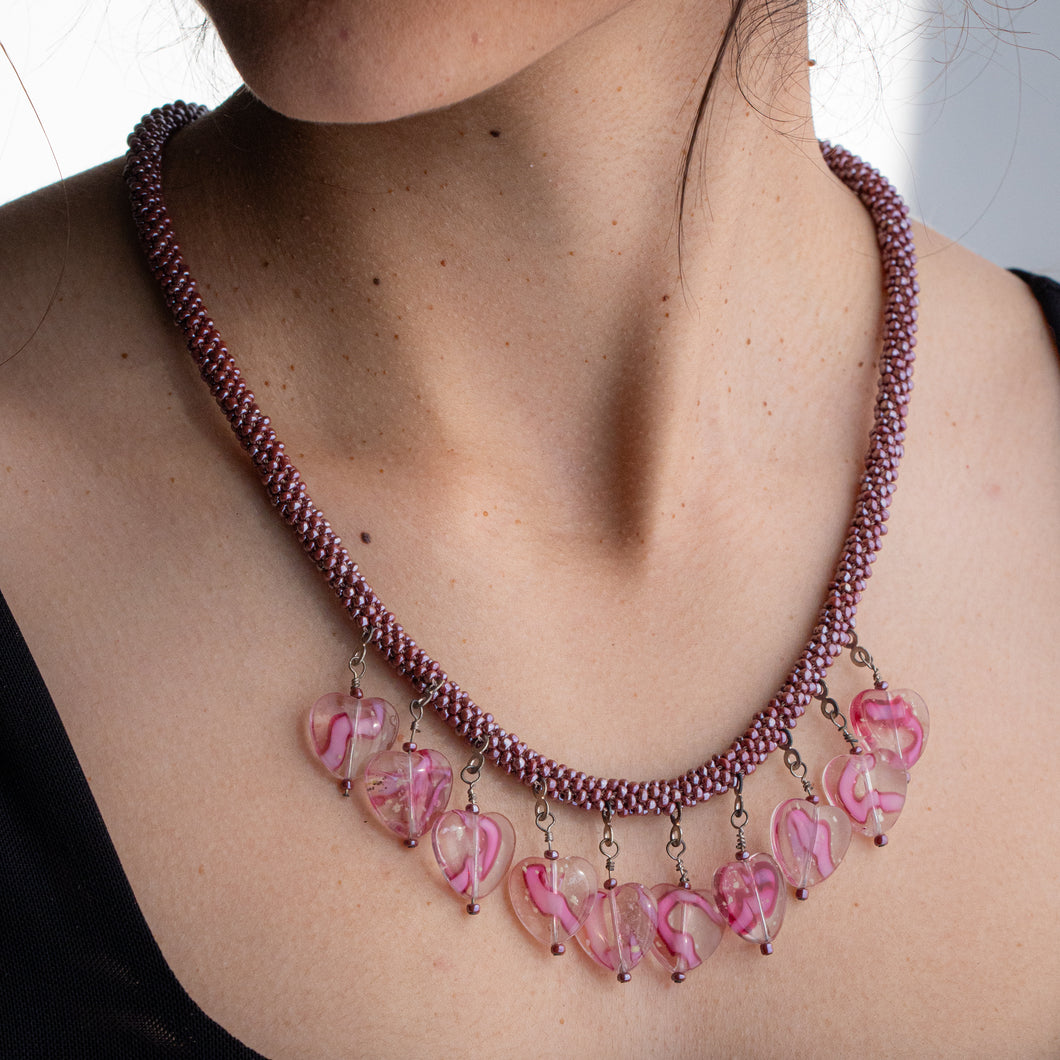 Pink Hearts Kumihimo Necklace